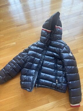 Kids Navy Hooded Puffer Jacket with Stripe Trim